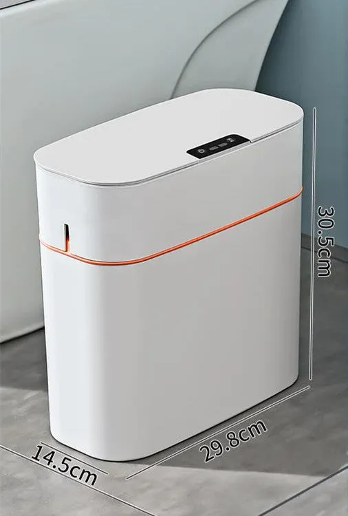 Automatic electric trash bin with inductive sensor, white plastic 15L long barrel shape, USB charging base