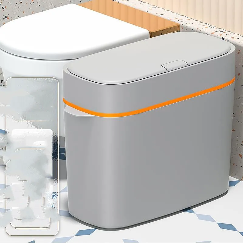 Automatic electric trash bin with inductive sensor, white plastic 15L long barrel shape, USB charging base
