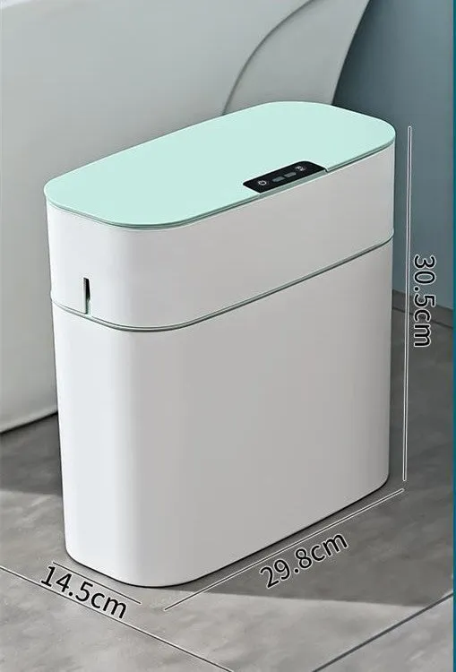 Automatic electric trash bin with inductive sensor, white plastic 15L long barrel shape, USB charging base