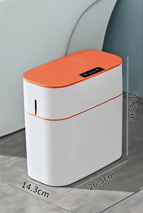 Automatic electric trash bin with inductive sensor, white plastic 15L long barrel shape, USB charging base