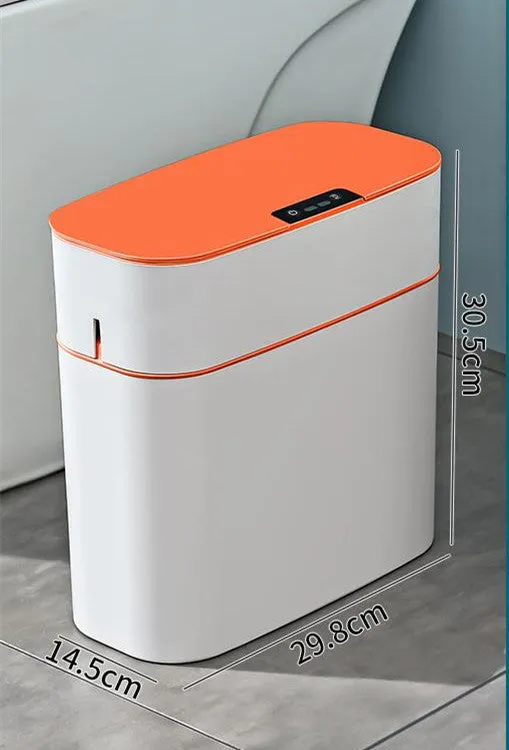 Automatic electric trash bin with inductive sensor, white plastic 15L long barrel shape, USB charging base