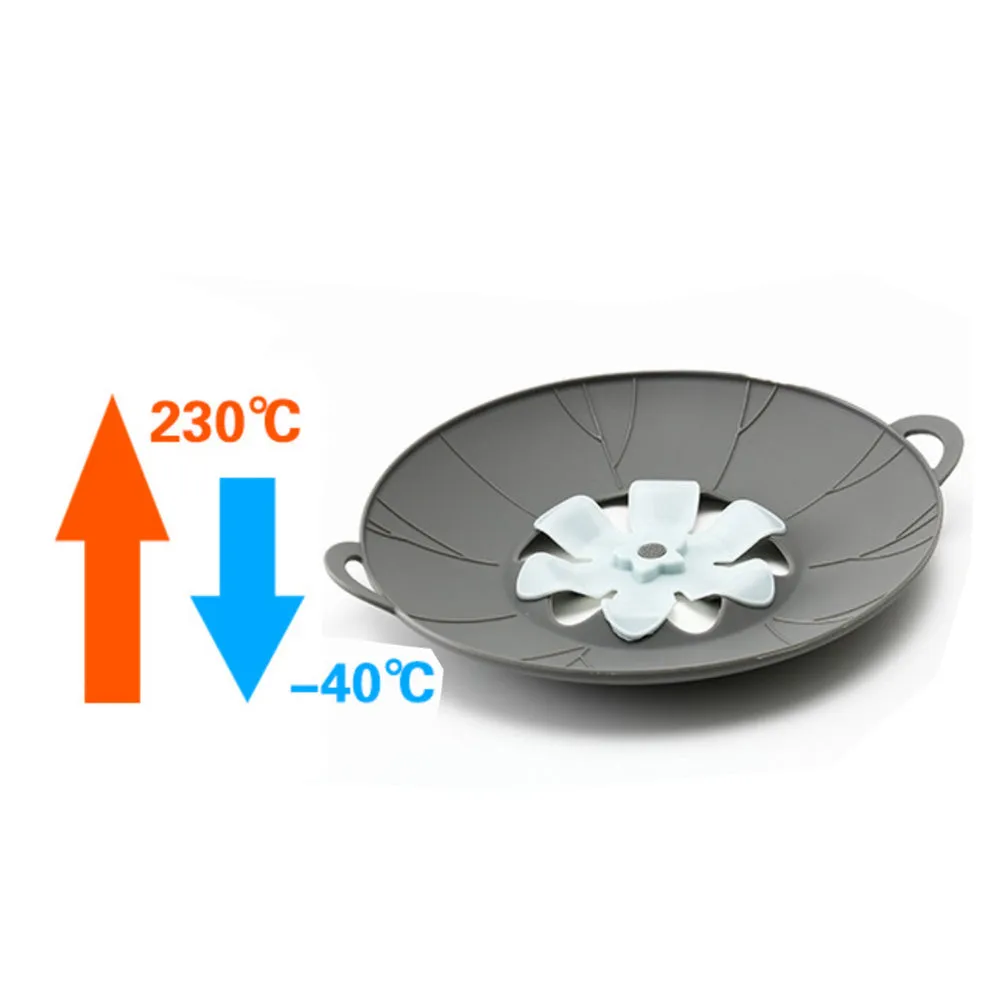 Silicone spill-proof pot cover in black, size 30x26cm, resting on a pot