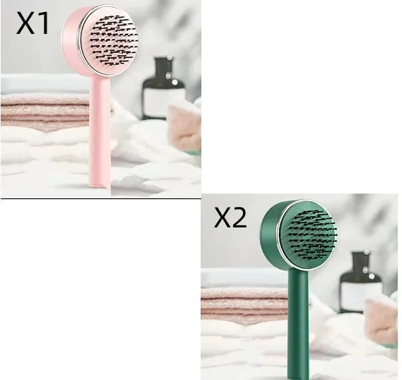 Plastic air cushion comb with long handle in white, green, and pink colours for hair detangling and styling