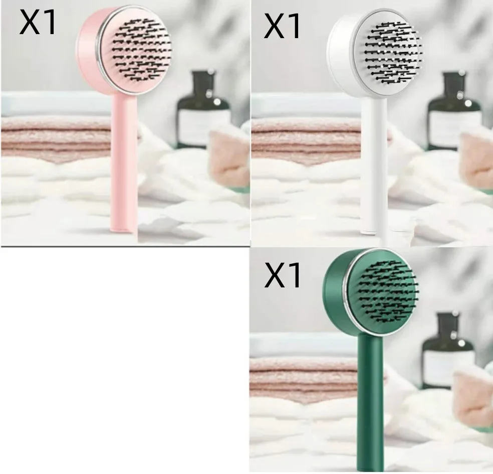 Plastic air cushion comb with long handle in white, green, and pink colours for hair detangling and styling
