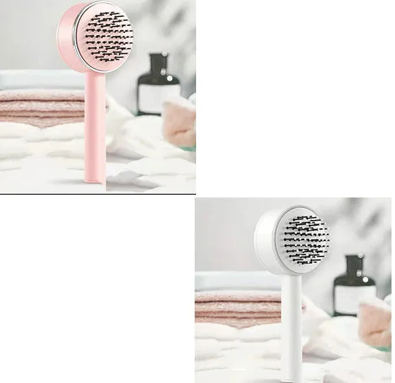 Plastic air cushion comb with long handle in white, green, and pink colours for hair detangling and styling