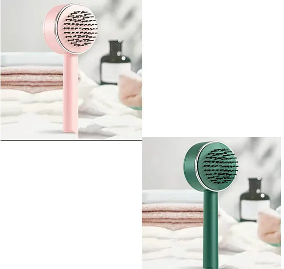 Plastic air cushion comb with long handle in white, green, and pink colours for hair detangling and styling