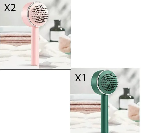 Plastic air cushion comb with long handle in white, green, and pink colours for hair detangling and styling