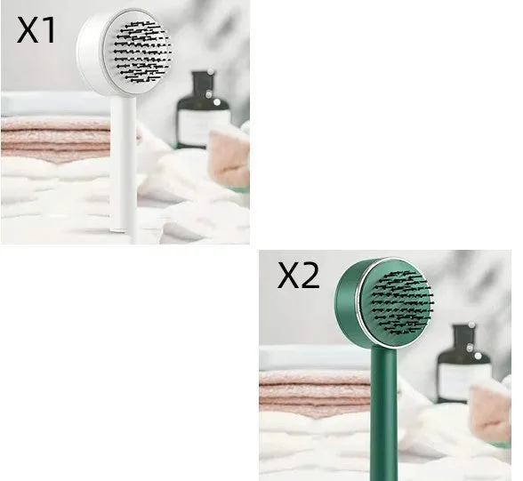 Plastic air cushion comb with long handle in white, green, and pink colours for hair detangling and styling