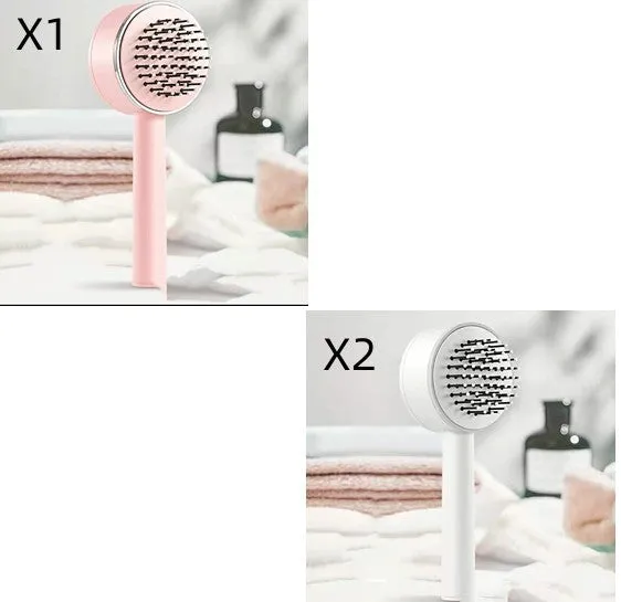 Plastic air cushion comb with long handle in white, green, and pink colours for hair detangling and styling