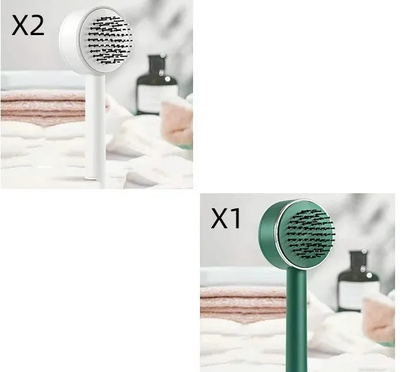Plastic air cushion comb with long handle in white, green, and pink colours for hair detangling and styling
