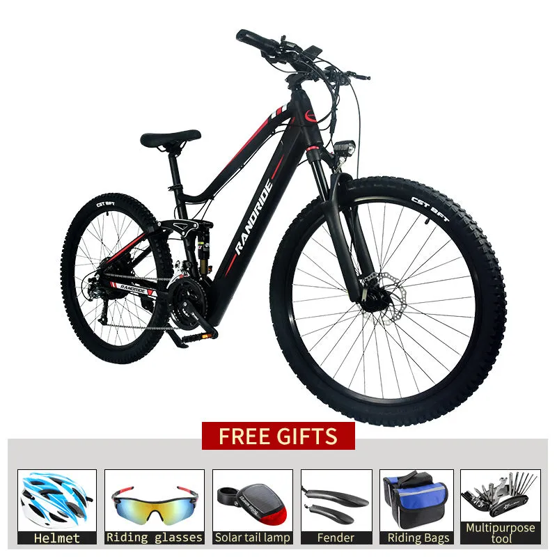 Electric mountain bike black red with 27.5 inch wheels full suspension aluminium alloy frame