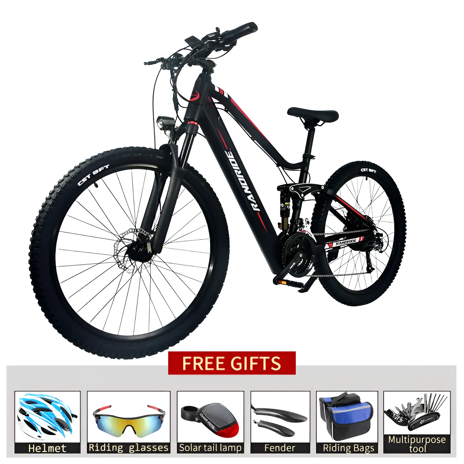 Electric mountain bike black red with 27.5 inch wheels full suspension aluminium alloy frame
