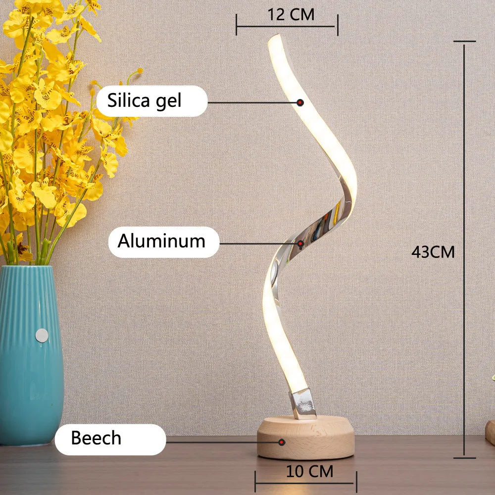Modern wood LED spiral table lamp with touch dimmer and USB power on a bedside table