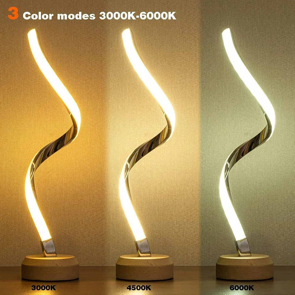 Modern wood LED spiral table lamp with touch dimmer and USB power on a bedside table