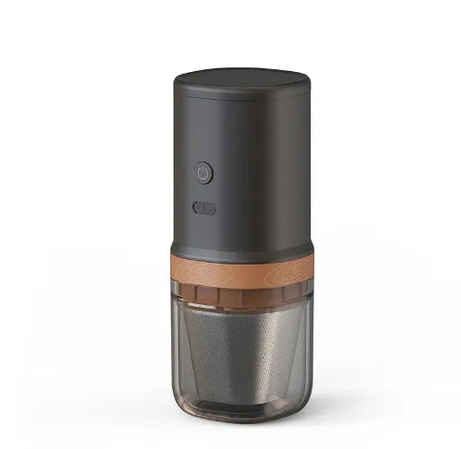 Portable rechargeable espresso maker with 9 bar pump, plastic body, powder and capsule holder, 75mm wide 228mm tall