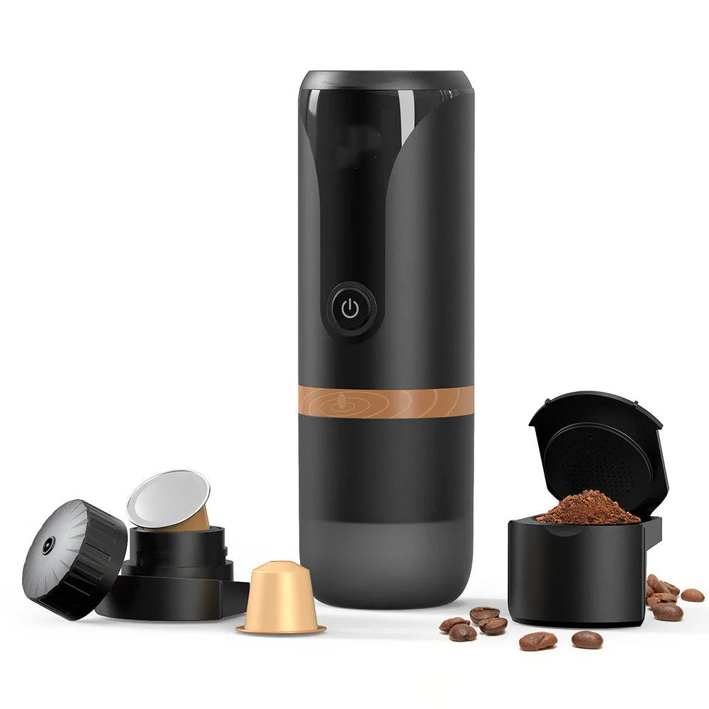 Portable rechargeable espresso maker with 9 bar pump, plastic body, powder and capsule holder, 75mm wide 228mm tall