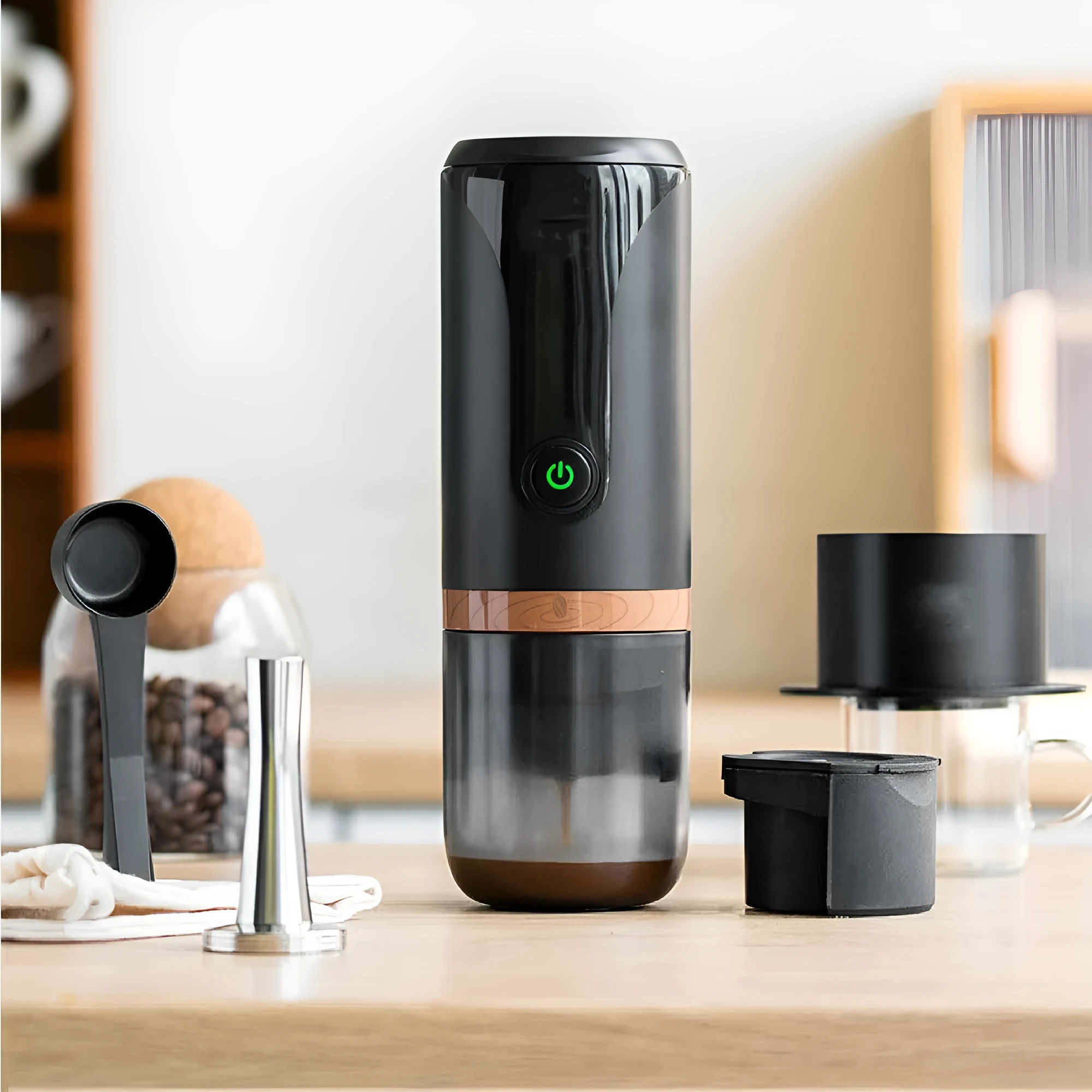 Portable rechargeable espresso maker with 9 bar pump, plastic body, powder and capsule holder, 75mm wide 228mm tall