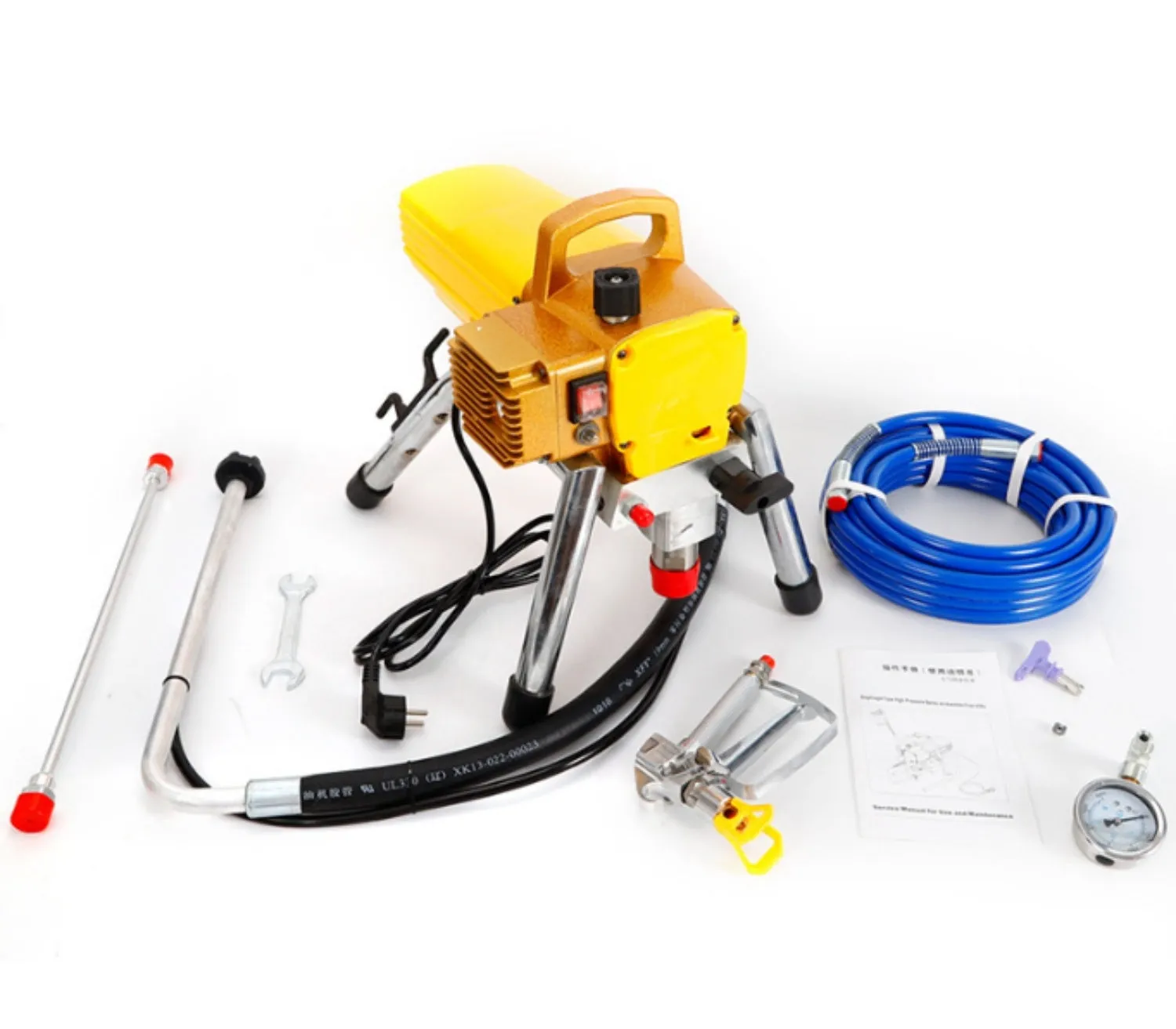Blue electric airless spray painting machine with 110V plug, gauge, spray gun and extension rod