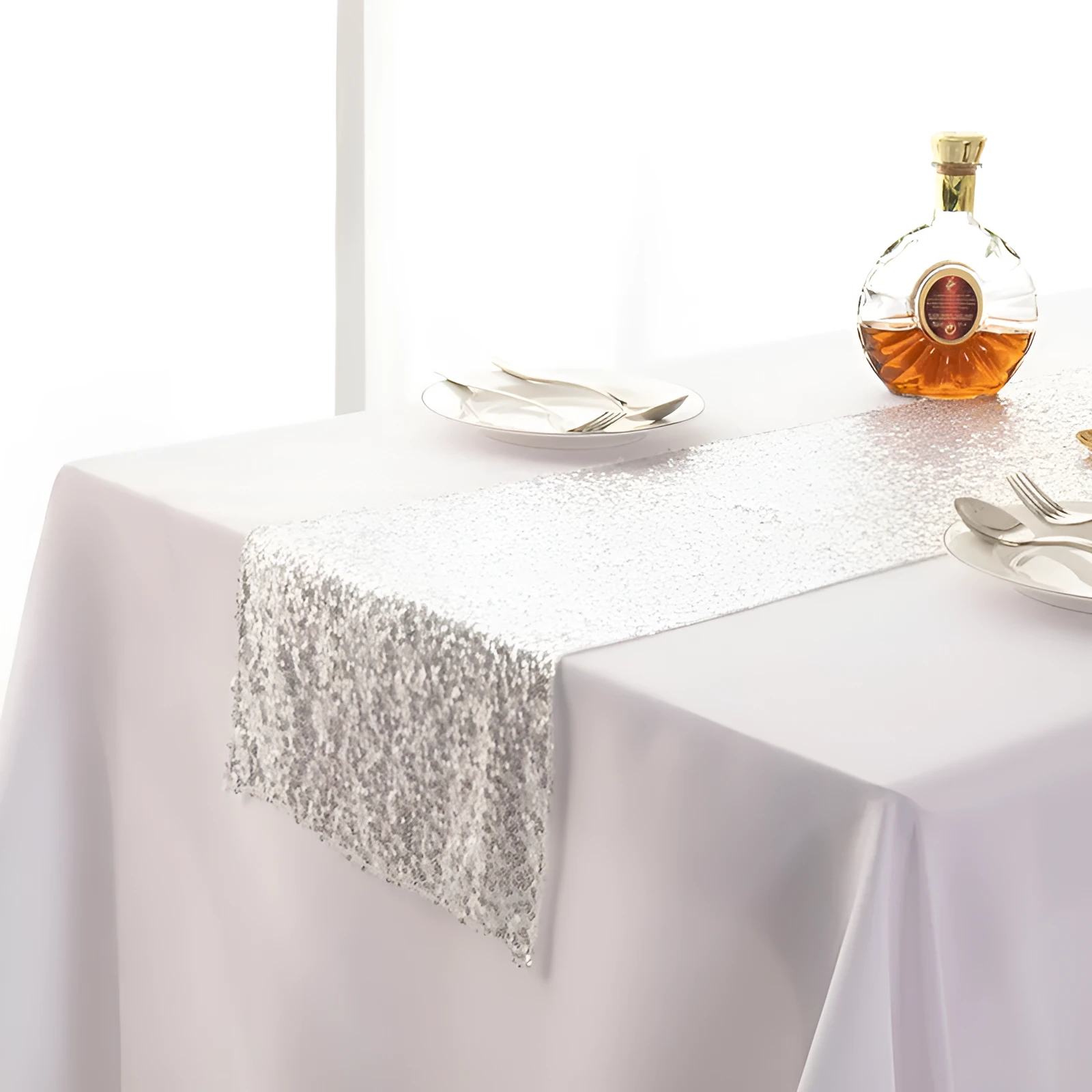 Gypsophila embroidered sequined polyester table runner in beige showing floral pattern and sequin detailing