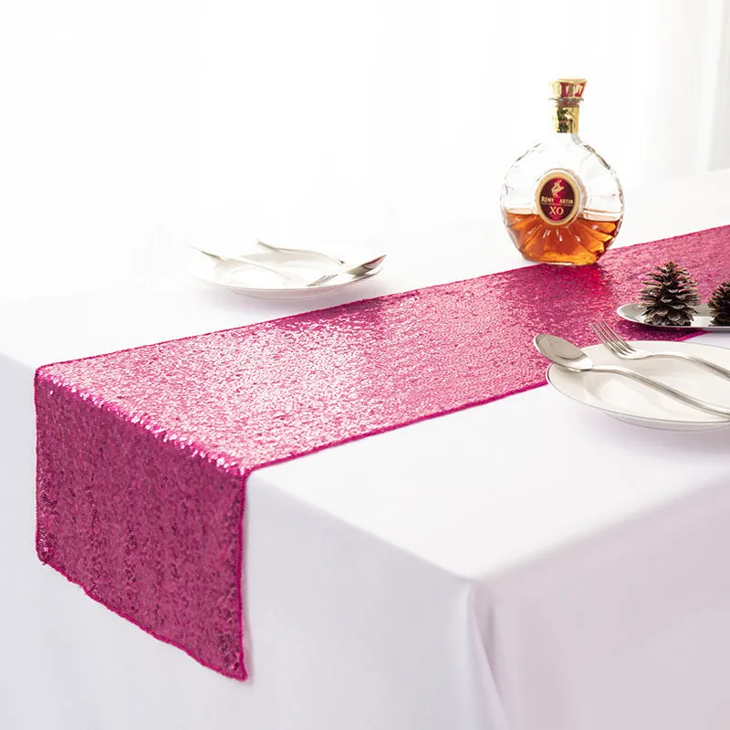 Gypsophila embroidered sequined polyester table runner in beige showing floral pattern and sequin detailing
