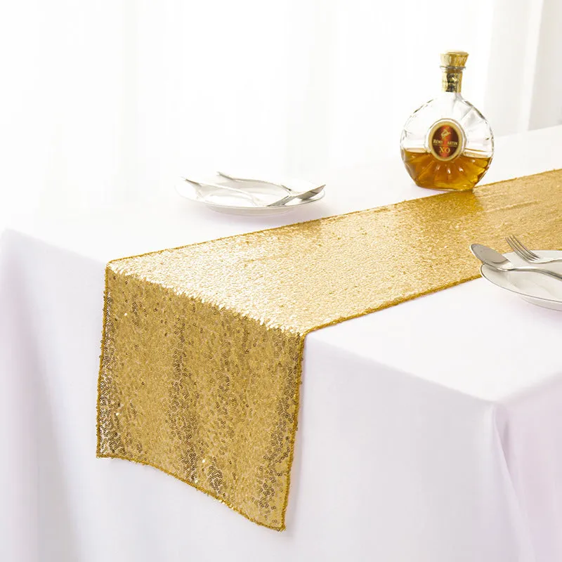 Gypsophila embroidered sequined polyester table runner in beige showing floral pattern and sequin detailing