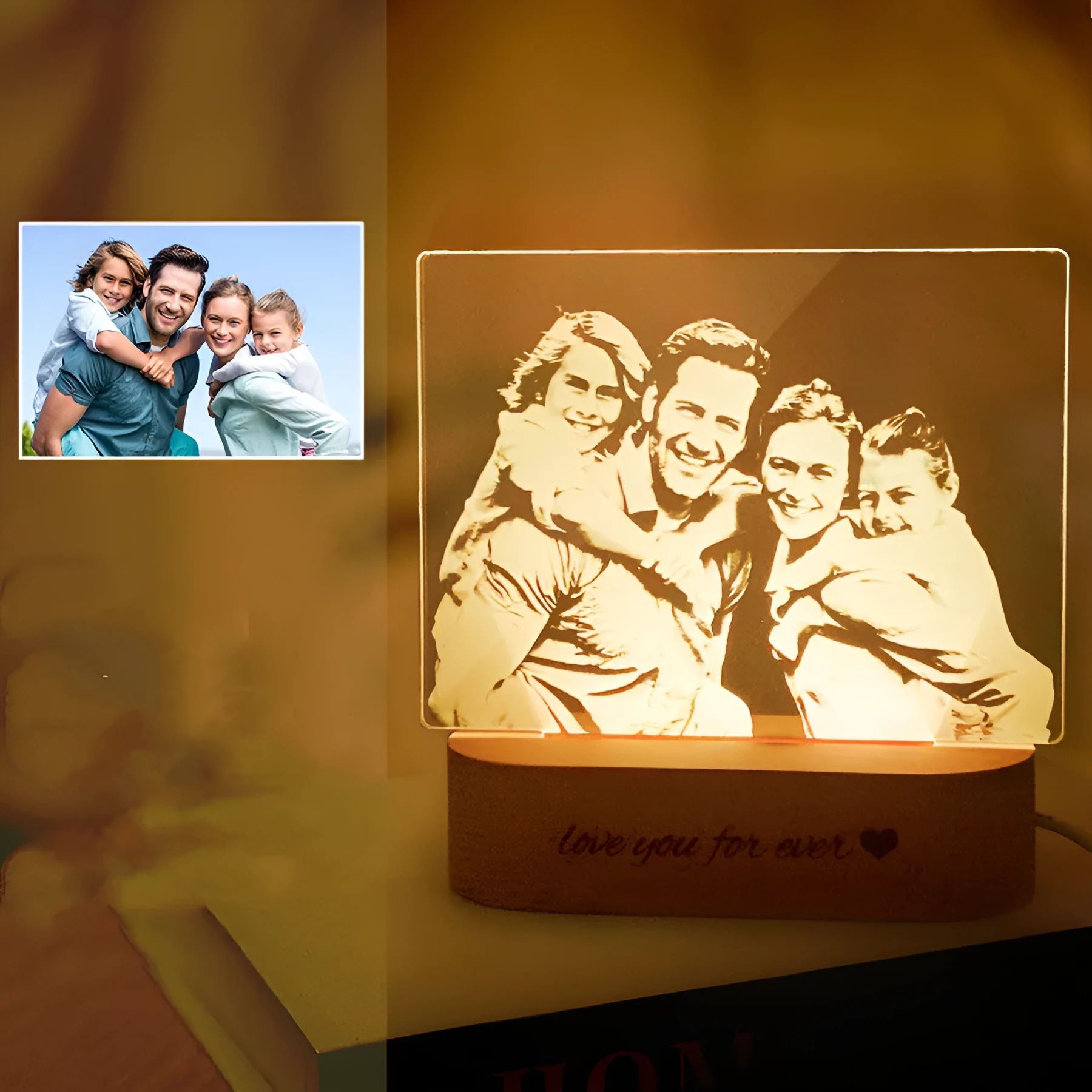 Custom photo 3D stereo night light with acrylic shade on a desk, displaying a clear portrait with soft glow
