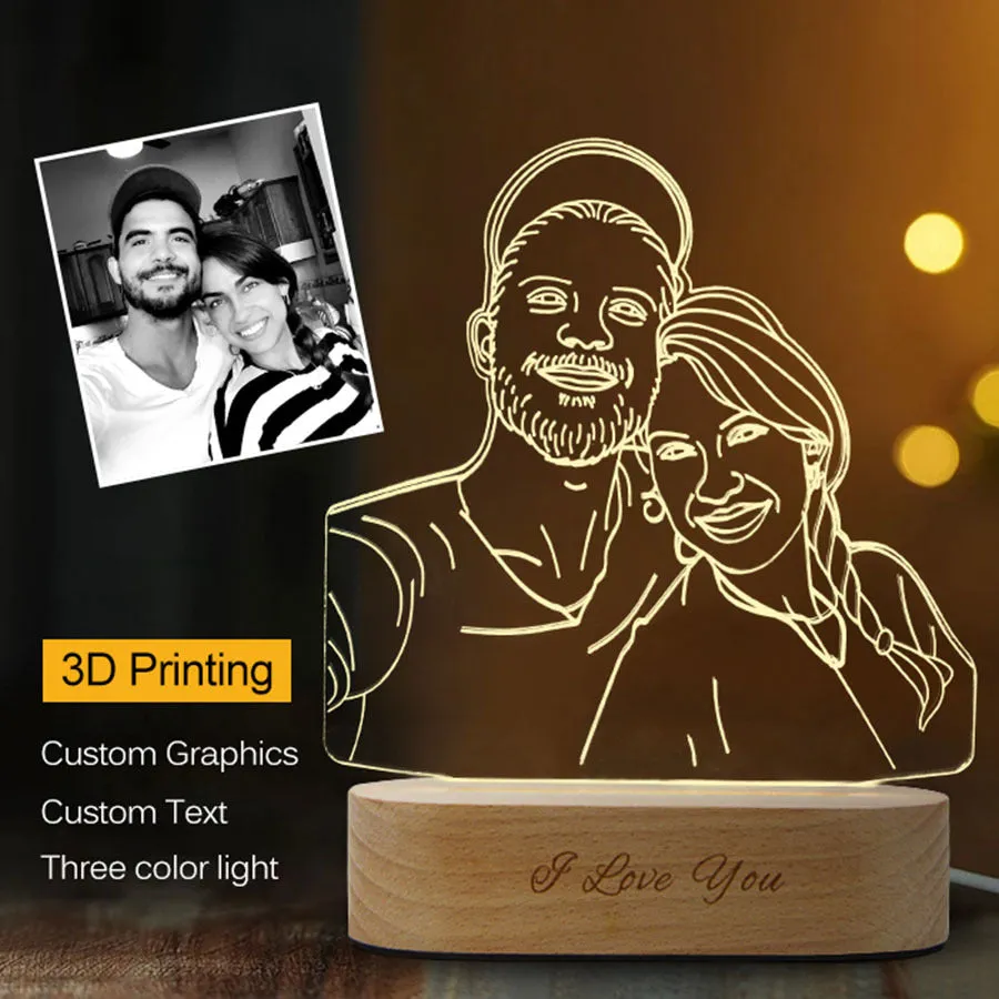 Custom photo 3D stereo night light with acrylic shade on a desk, displaying a clear portrait with soft glow