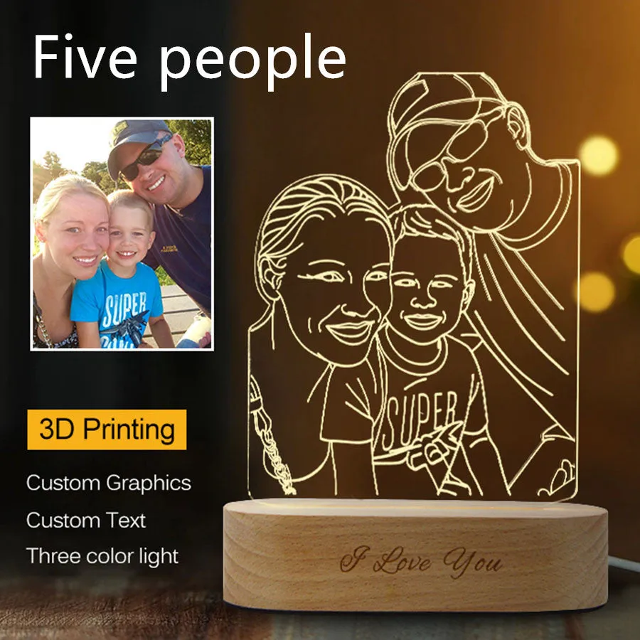 Custom photo 3D stereo night light with acrylic shade on a desk, displaying a clear portrait with soft glow