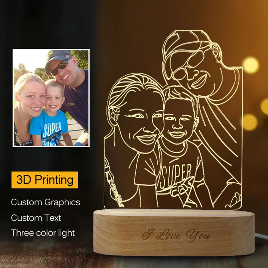 Custom photo 3D stereo night light with acrylic shade on a desk, displaying a clear portrait with soft glow