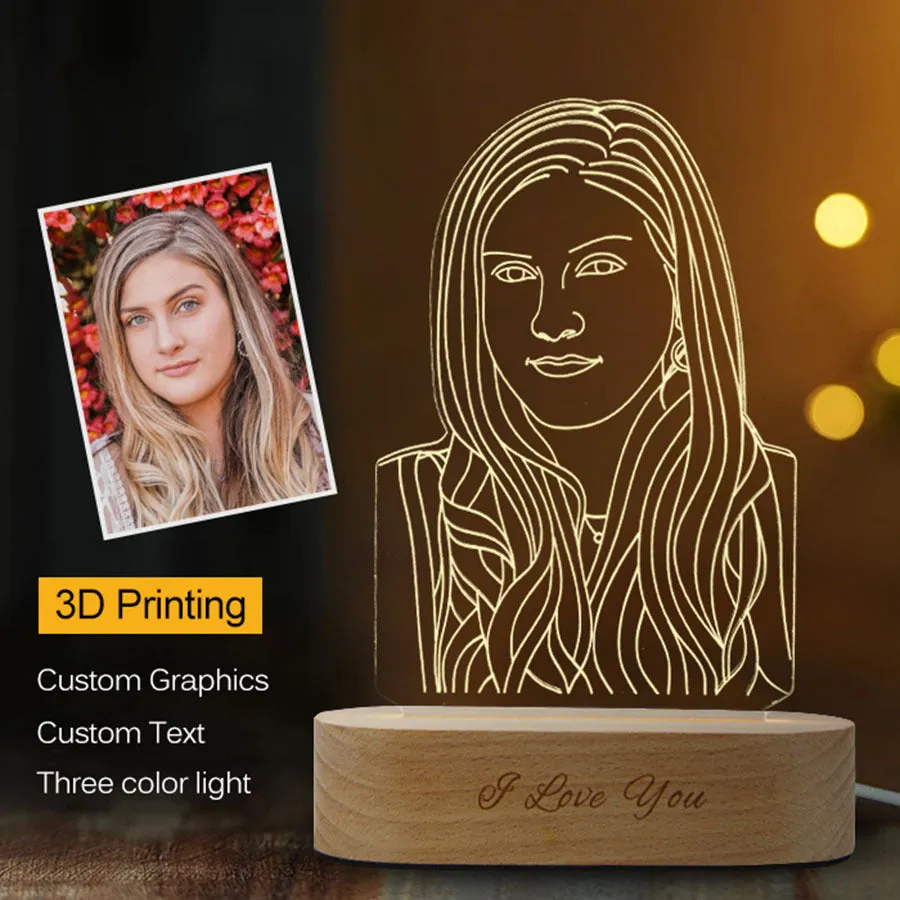 Custom photo 3D stereo night light with acrylic shade on a desk, displaying a clear portrait with soft glow