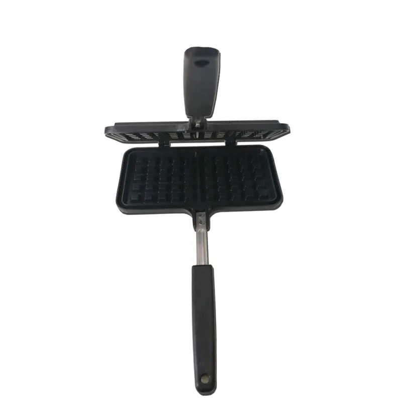 Black non-stick aluminium waffle mold with plaid pattern and heat-resistant handle for gas stoves