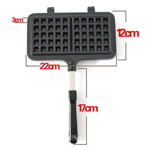 Black non-stick aluminium waffle mold with plaid pattern and heat-resistant handle for gas stoves