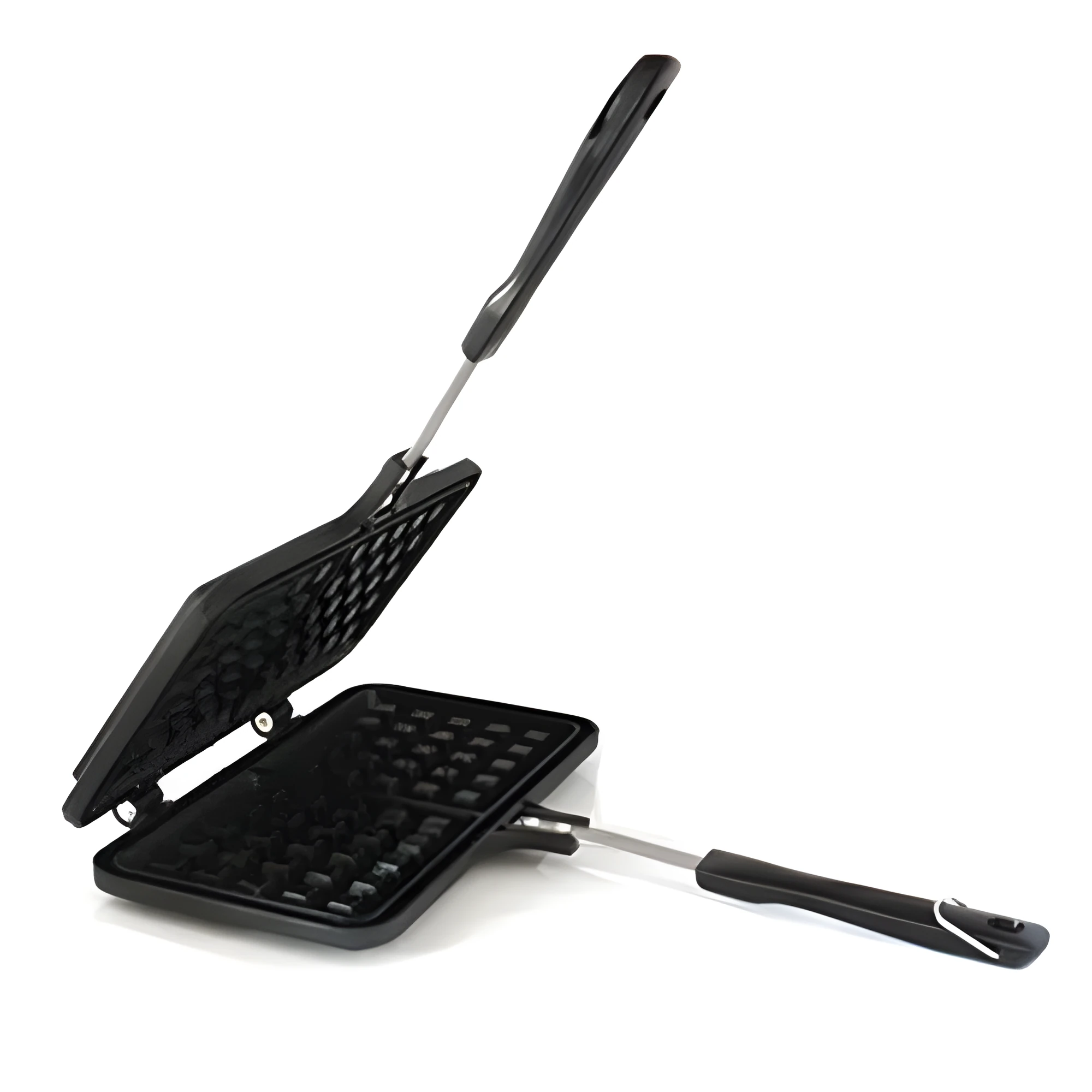 Black non-stick aluminium waffle mold with plaid pattern and heat-resistant handle for gas stoves