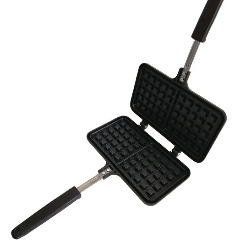 Black non-stick aluminium waffle mold with plaid pattern and heat-resistant handle for gas stoves