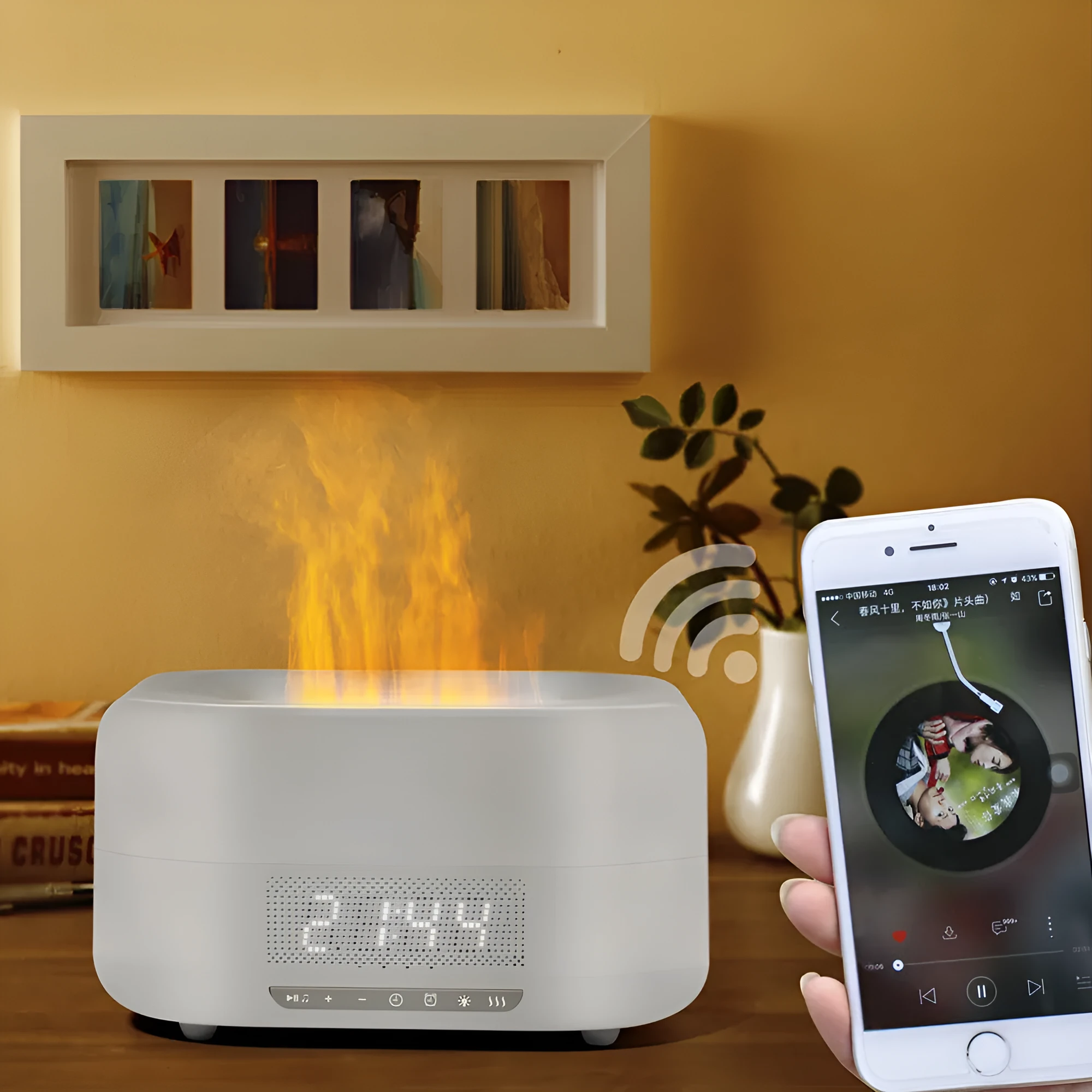 Firelight Speaker & Humidifier in white with square shape, 229x110x127mm, showing water tank and LED light