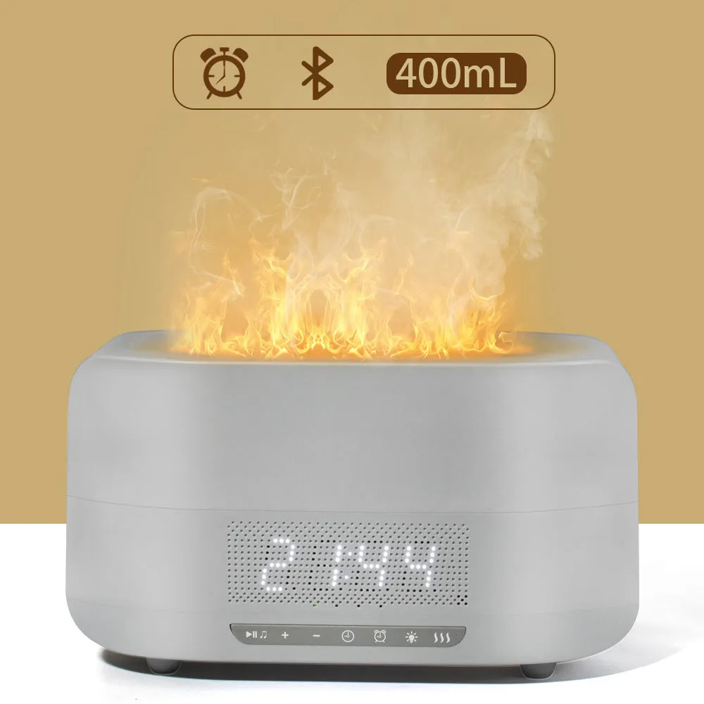 Firelight Speaker & Humidifier in white with square shape, 229x110x127mm, showing water tank and LED light