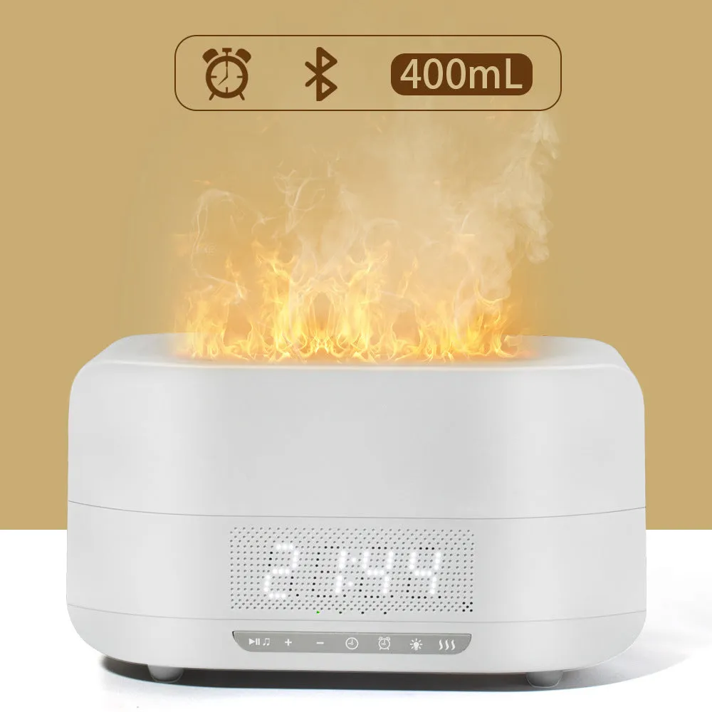 Firelight Speaker & Humidifier in white with square shape, 229x110x127mm, showing water tank and LED light
