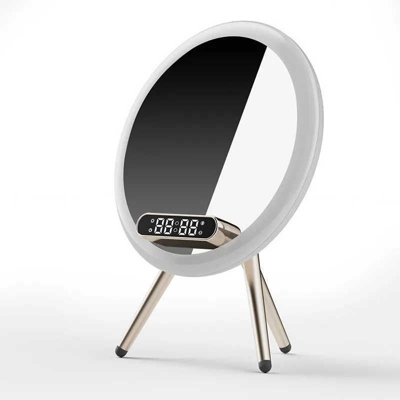 Multi-function LED mirror alarm clock with wireless charger and Bluetooth speaker in white and blue