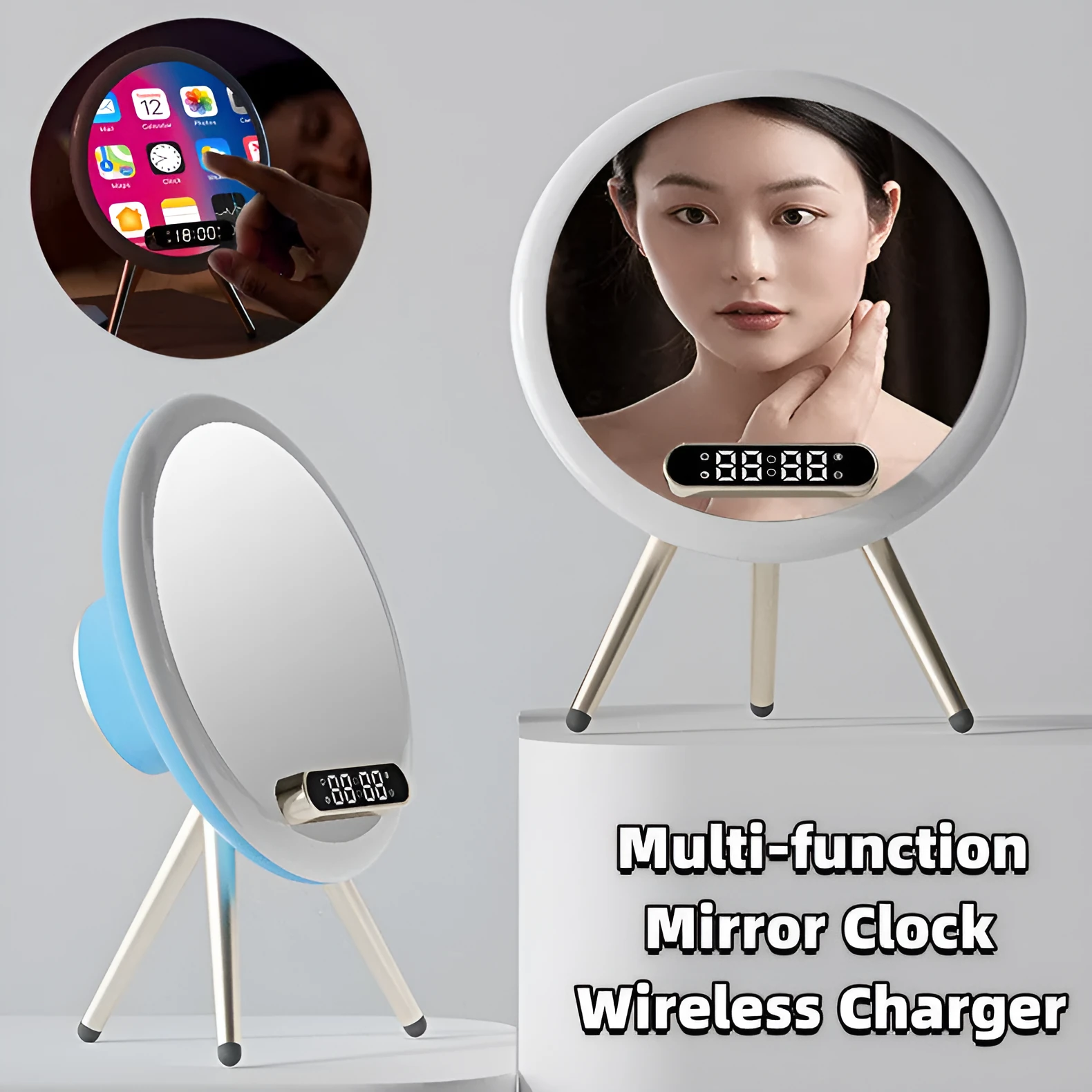 Multi-function LED mirror alarm clock with wireless charger and Bluetooth speaker in white and blue