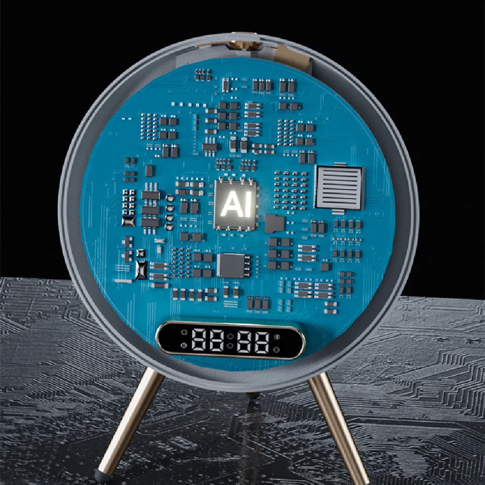 Multi-function LED mirror alarm clock with wireless charger and Bluetooth speaker in white and blue