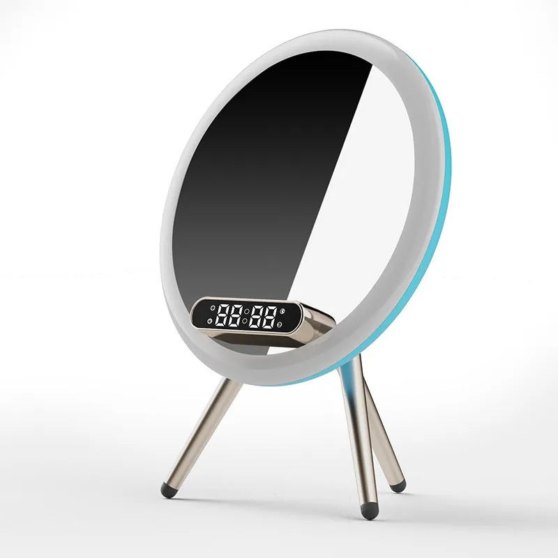 Multi-function LED mirror alarm clock with wireless charger and Bluetooth speaker in white and blue