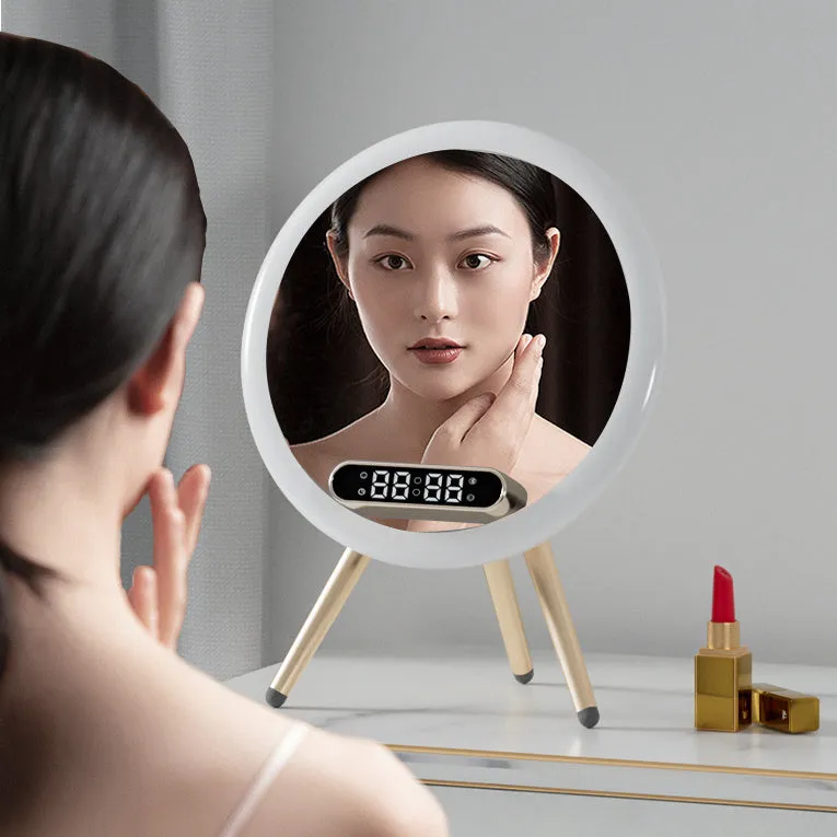 Multi-function LED mirror alarm clock with wireless charger and Bluetooth speaker in white and blue