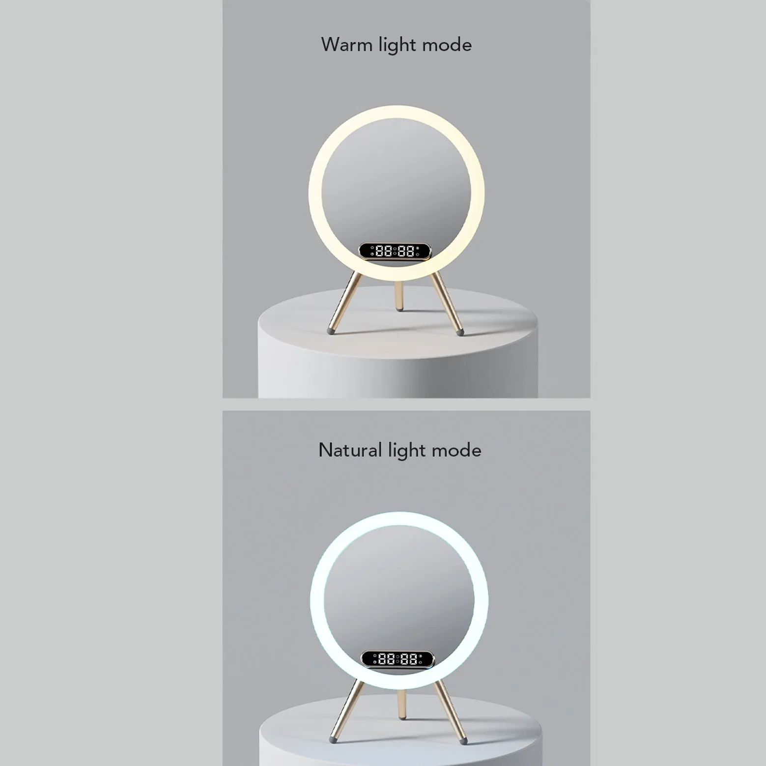Multi-function LED mirror alarm clock with wireless charger and Bluetooth speaker in white and blue