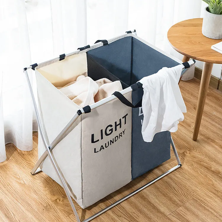 Collapsible multi-compartment laundry hamper made of Oxford cloth and aluminium tube in black and beige