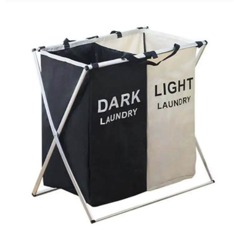 Collapsible multi-compartment laundry hamper made of Oxford cloth and aluminium tube in black and beige