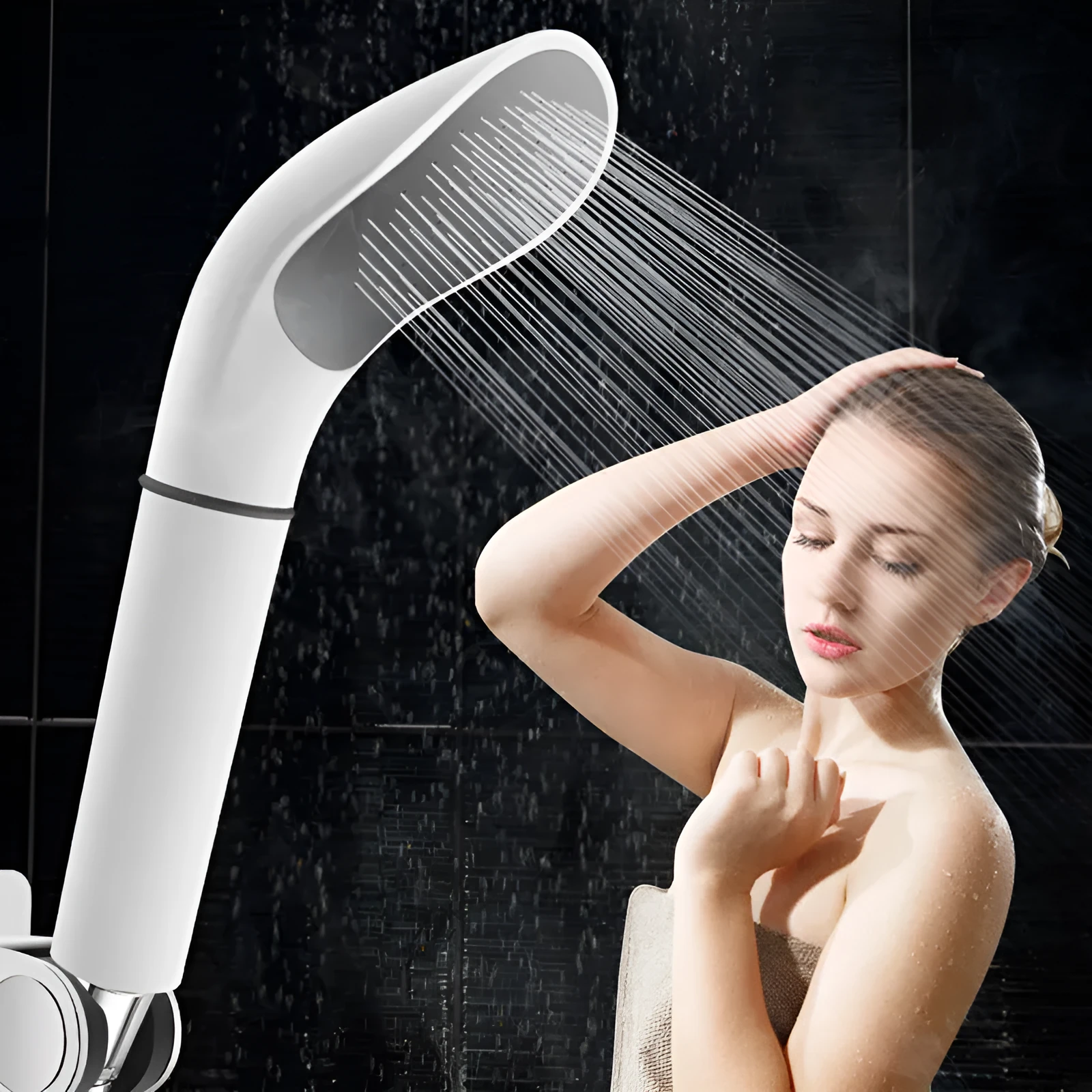 Water saving filter shower head in black with built-in filter element for rain-style bathroom showers