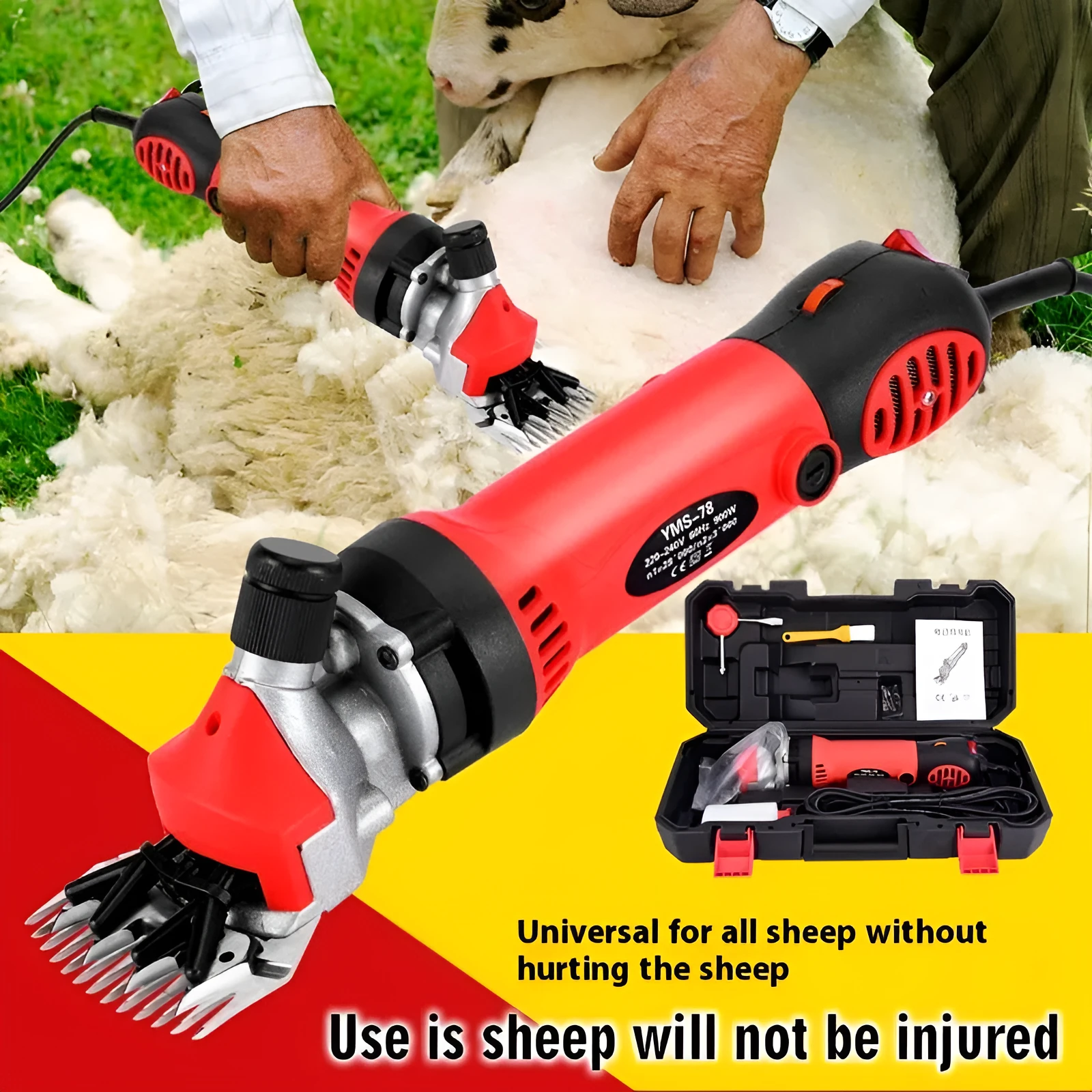 Yellow electric wool shearing machine with 13-tooth blade, maintenance tools, and plastic storage box