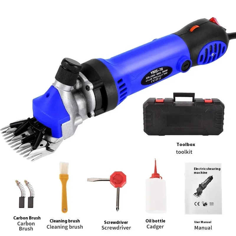 Yellow electric wool shearing machine with 13-tooth blade, maintenance tools, and plastic storage box