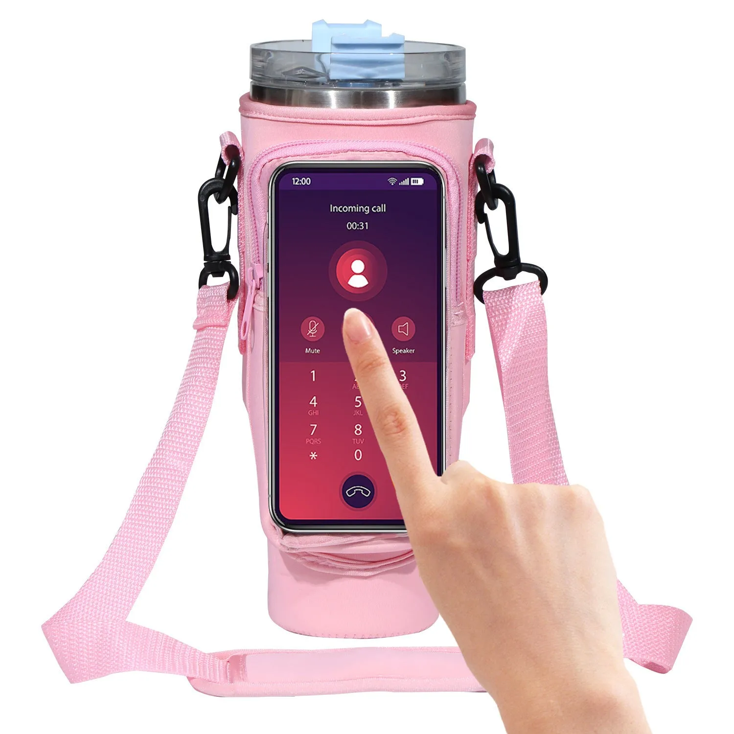 40oz neoprene cup cover with transparent touch screen and metal buckle in gradient purple