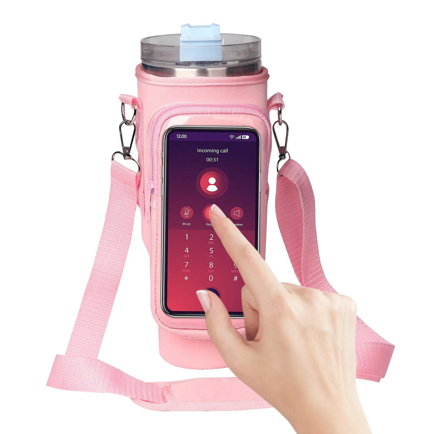 40oz neoprene cup cover with transparent touch screen and metal buckle in gradient purple